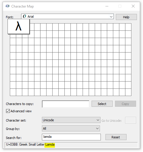 &rsquo;lambda&rsquo; is spelled &rsquo;lamda&rsquo; in windows charmap